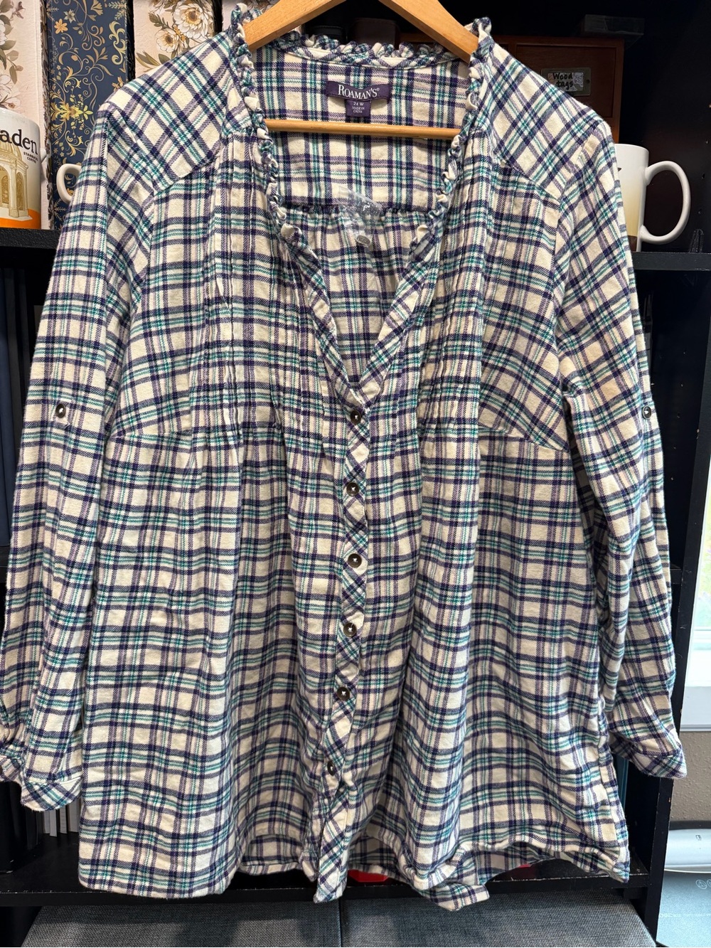 Roaman's White Plaid Button-Front Shirt with Blue & Green Checks